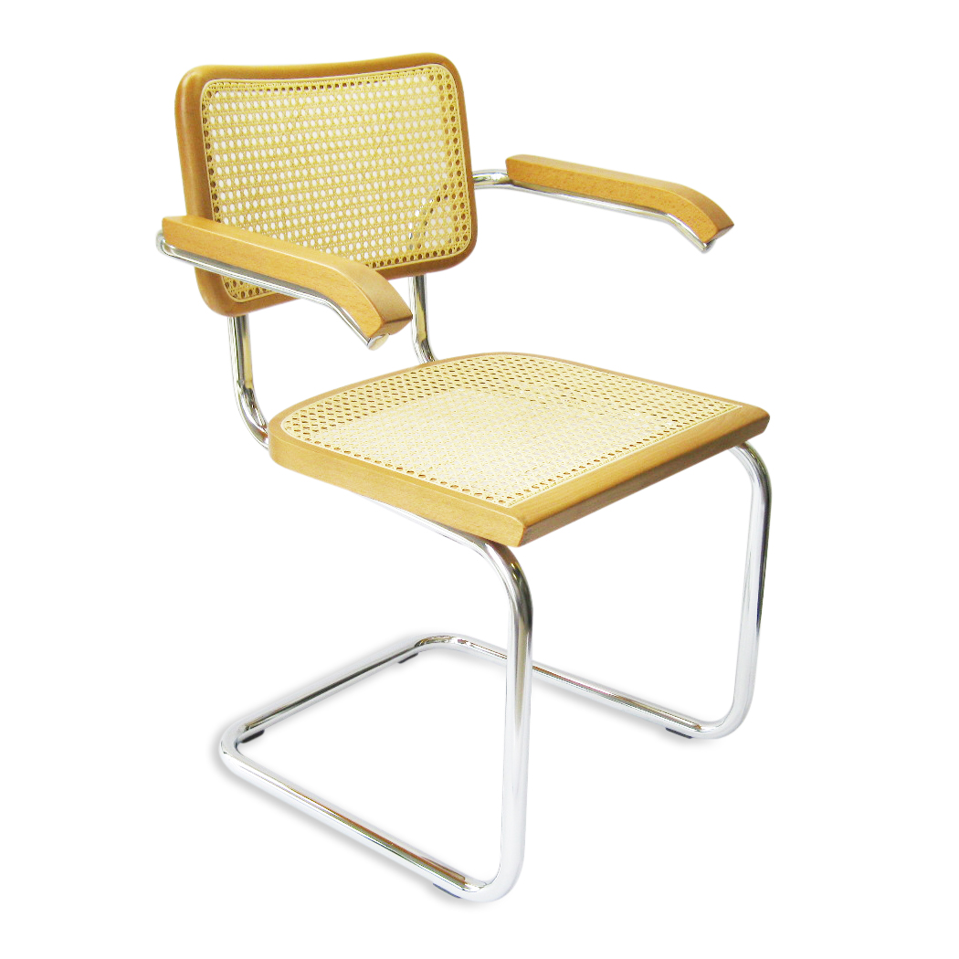 Breuer Chair Company Cesca Cane Arm Chair Armchair in Chrome and Honey Oak